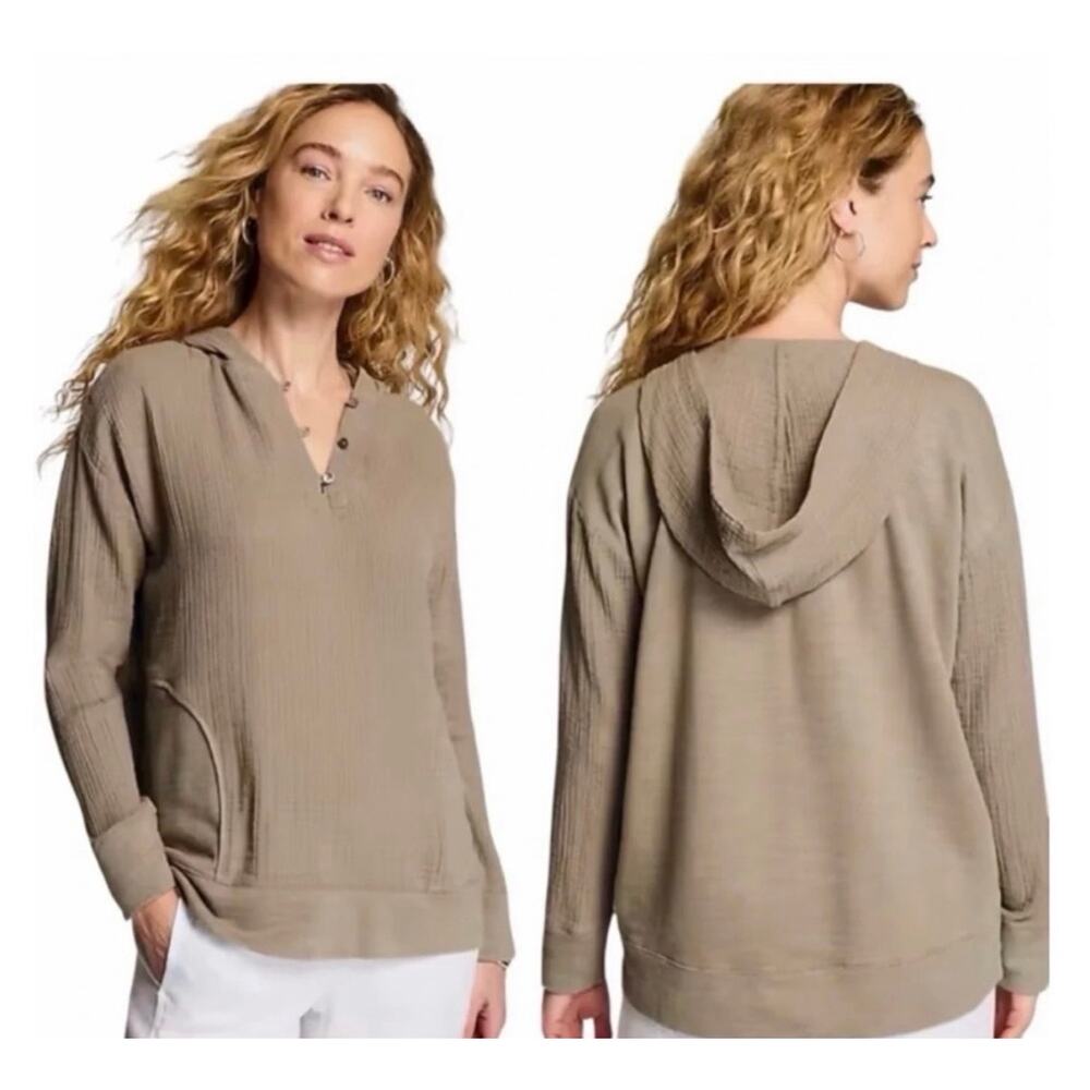 J Jill Pure Jill Cotton Gauzy Crinkle Hooded Top Taupe Driftwood Large